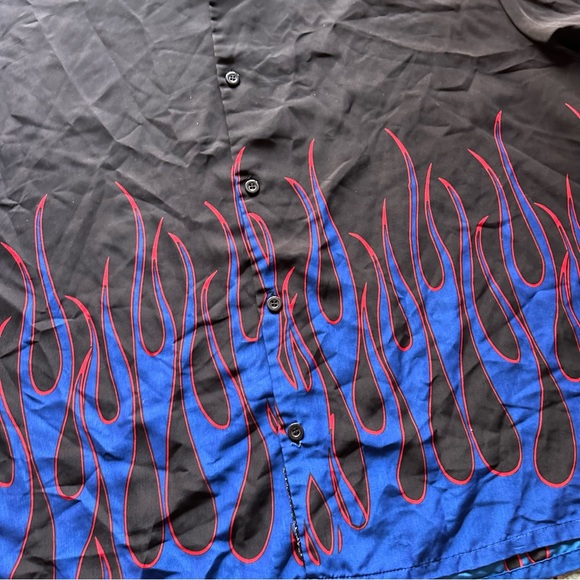 Y2K VTG 90s No Boundaries Blue Flame Button Front Dress Shirt - Picture 2 of 9